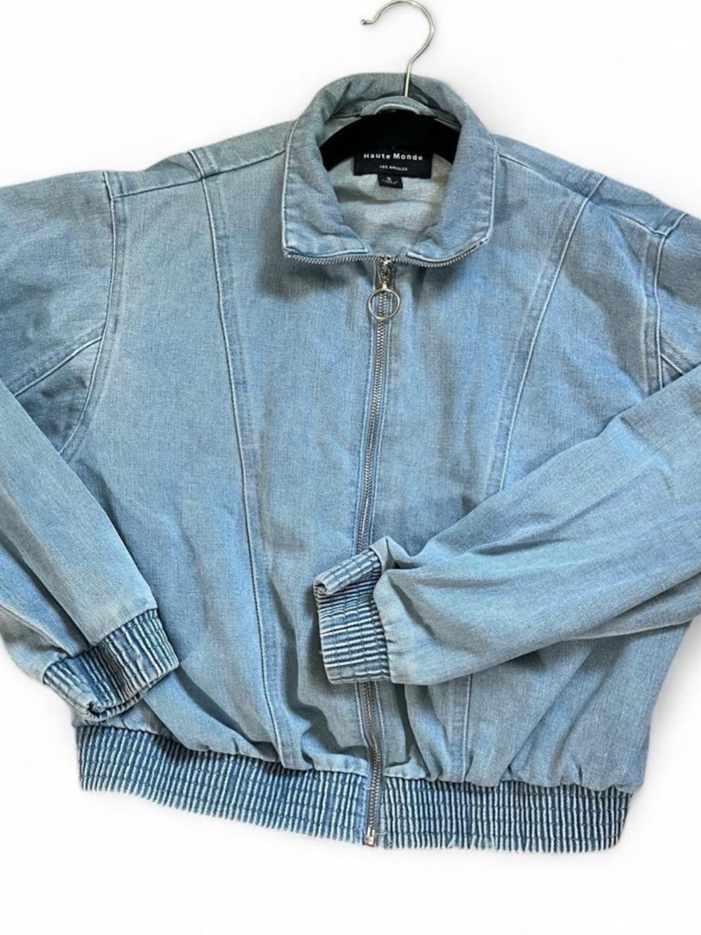 Haute Monde Light Blue Denim Zip-Front Bomber Jacket